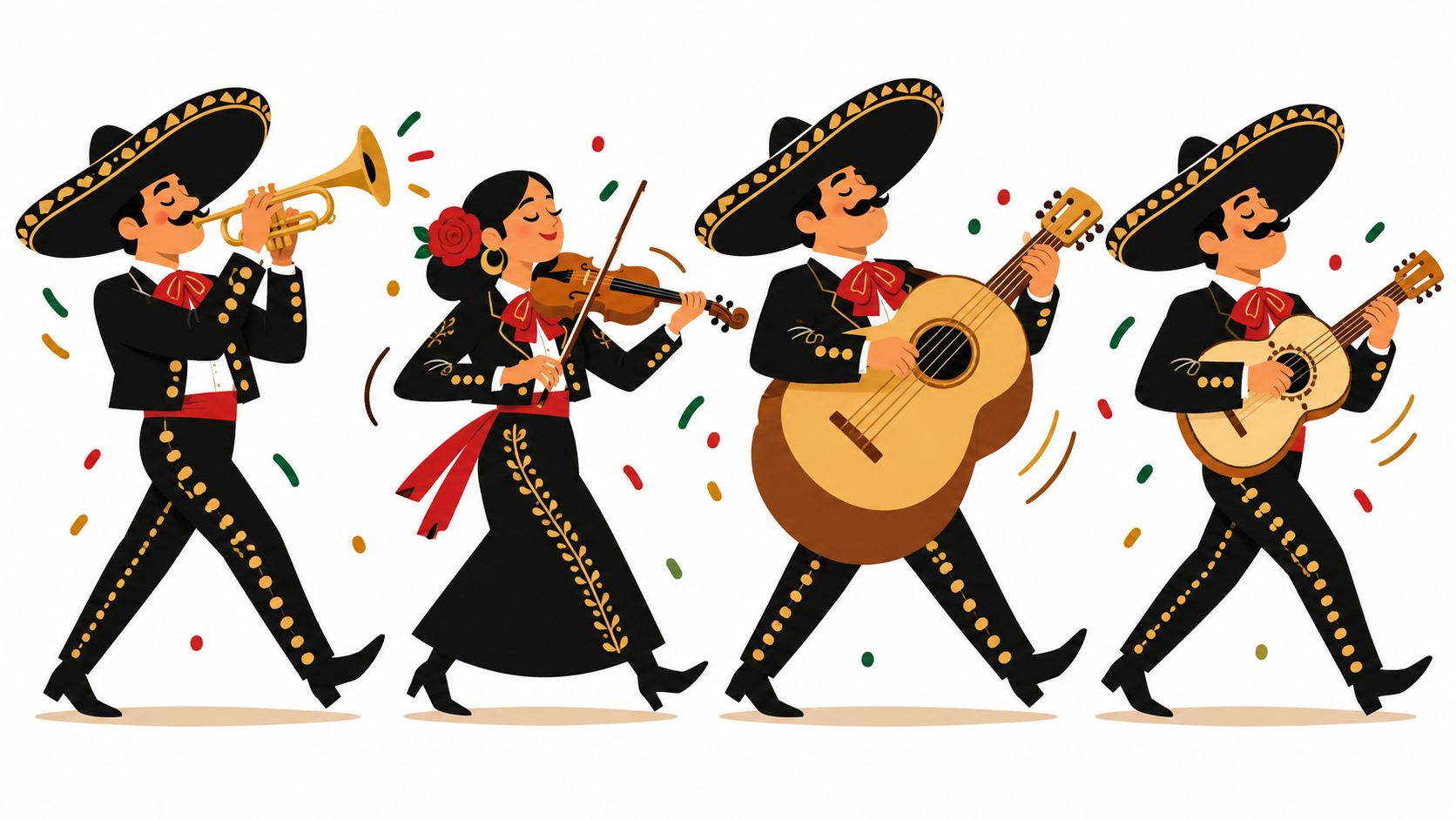 Grupo de músicos mariachis tocando instrumentos tradicionales vestidos con trajes típicos y sombreros en una celebración mexicana.