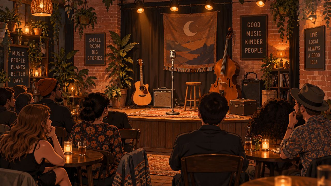 A cozy concert hall with artists on stage, surrounded by plants and subtle vintage decorations.