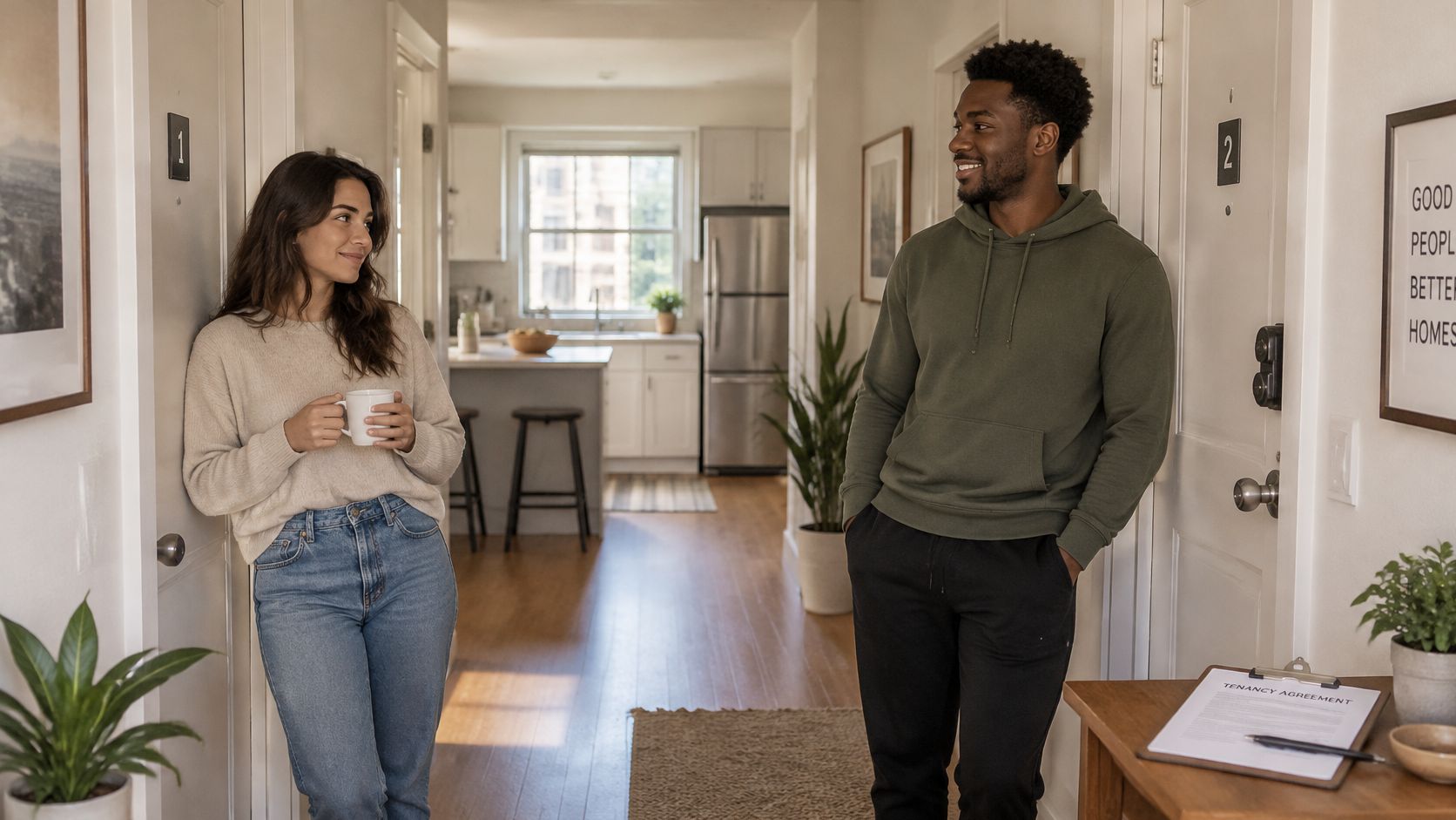 A young woman and man standing in an apartment hallway, smiling at each other while having conversation.