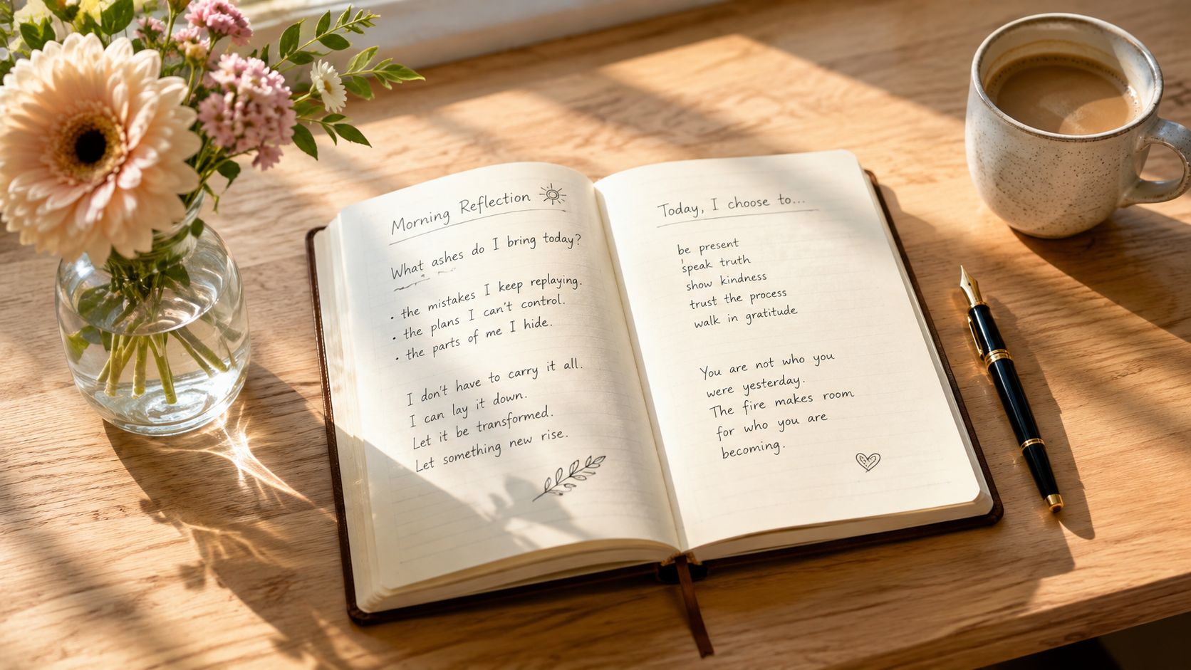 An open journal with morning reflections written on a desk next to flowers and coffee.
