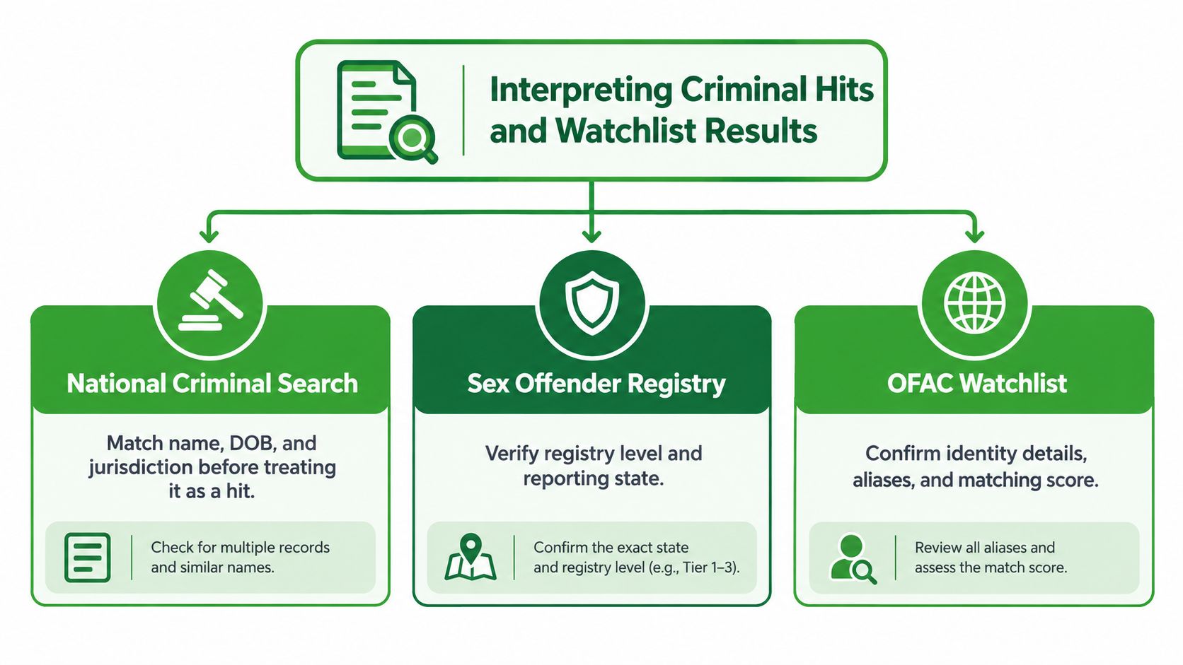 A flowchart explaining the process for interpreting criminal background check results, including national criminal, sex offender, and watchlists.