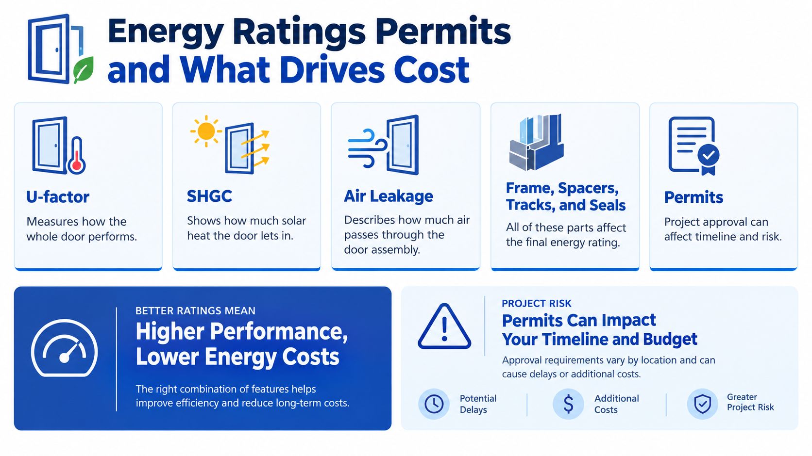 An infographic showing factors affecting door energy ratings, performance, permits, and project costs for property owners.