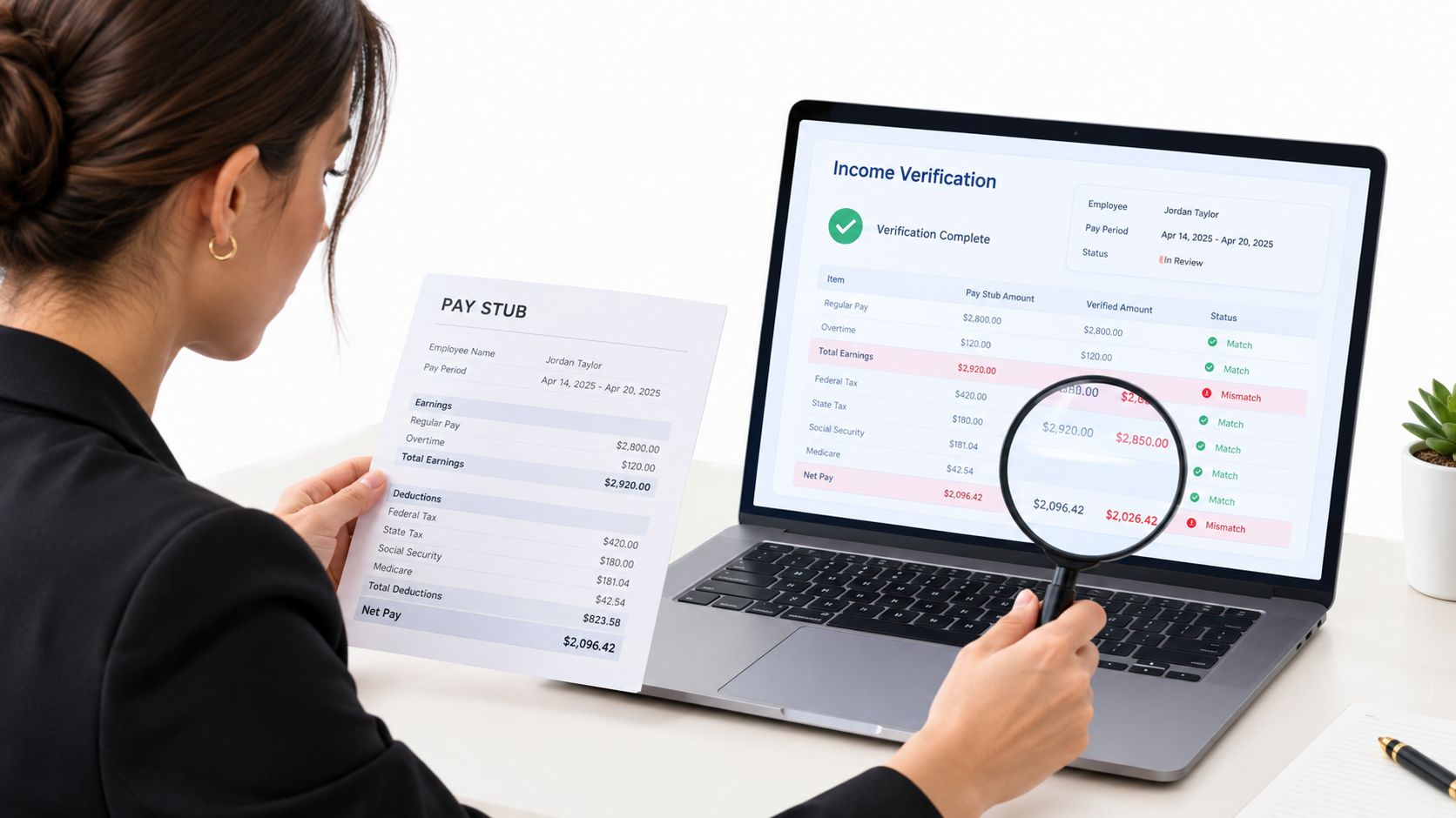 A professional analyzing a pay stub against digital income verification software on a laptop screen.
