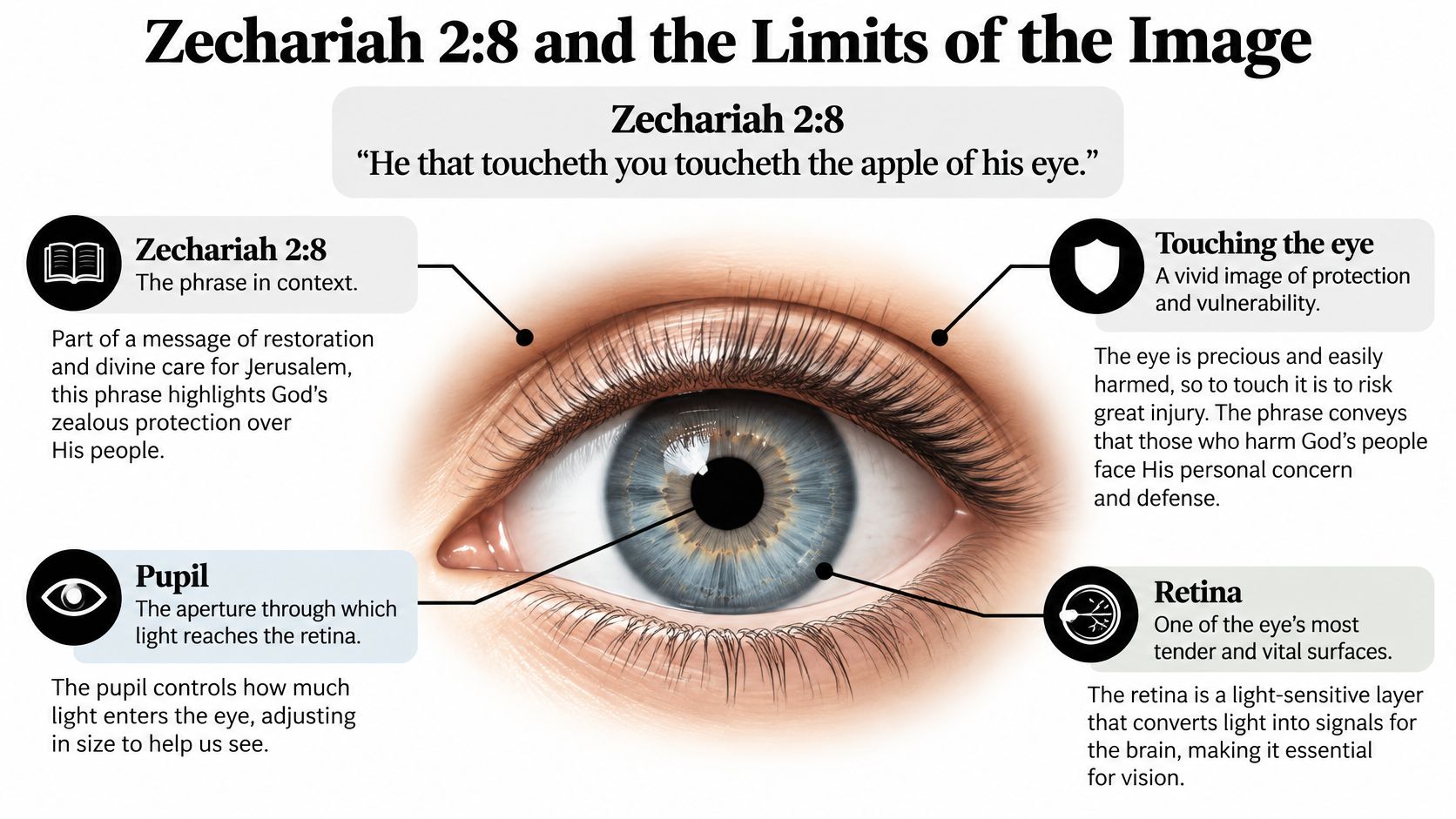 A diagram illustrating the biblical verse Zechariah 2:8, comparing God's protection to the vulnerability of an eye.