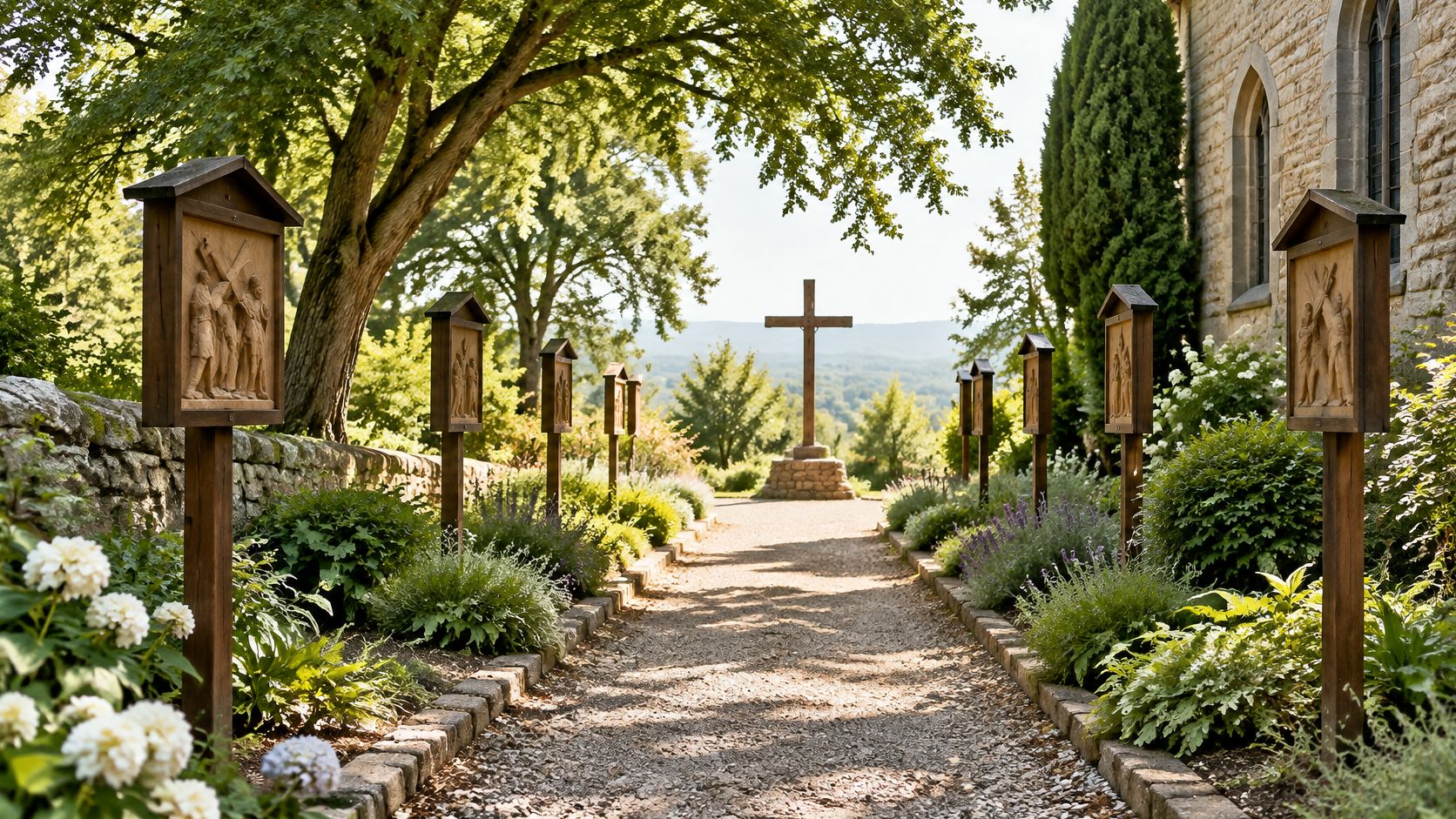 A serene stone path leads towards a wooden cross on a hill, framed by carved religious shrines.