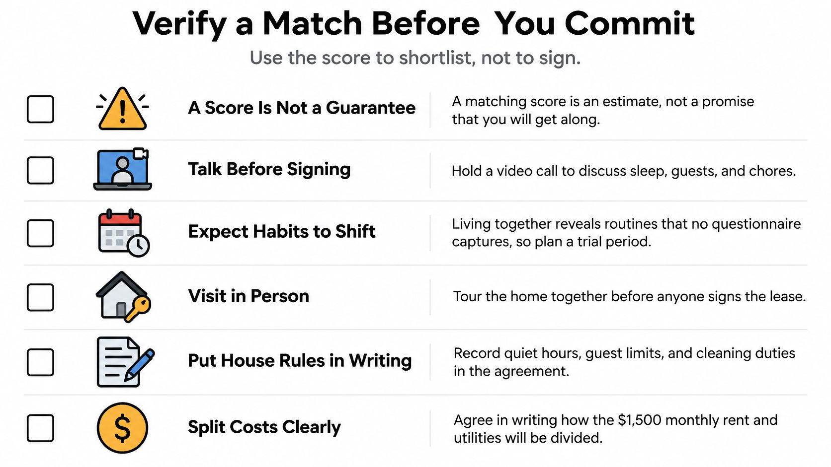 A checklist infographic titled Verify a Match Before You Commit with tips for finding a roommate.