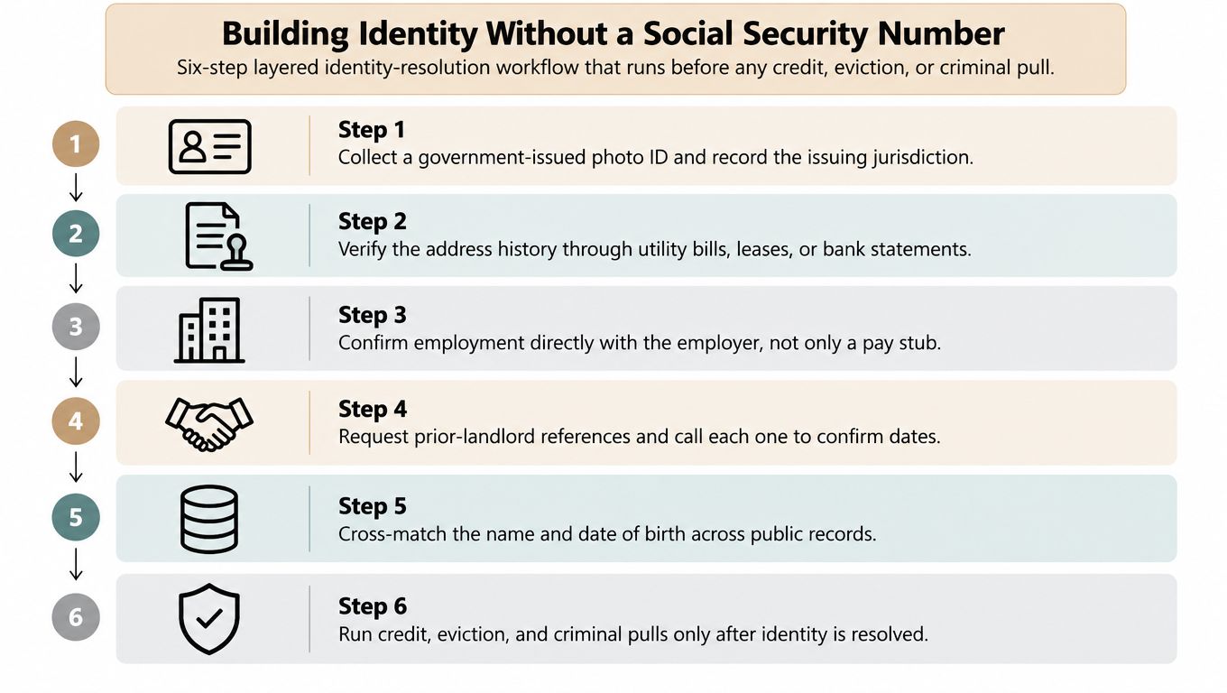 A six-step workflow diagram illustrating how to verify identity when a social security number is unavailable.