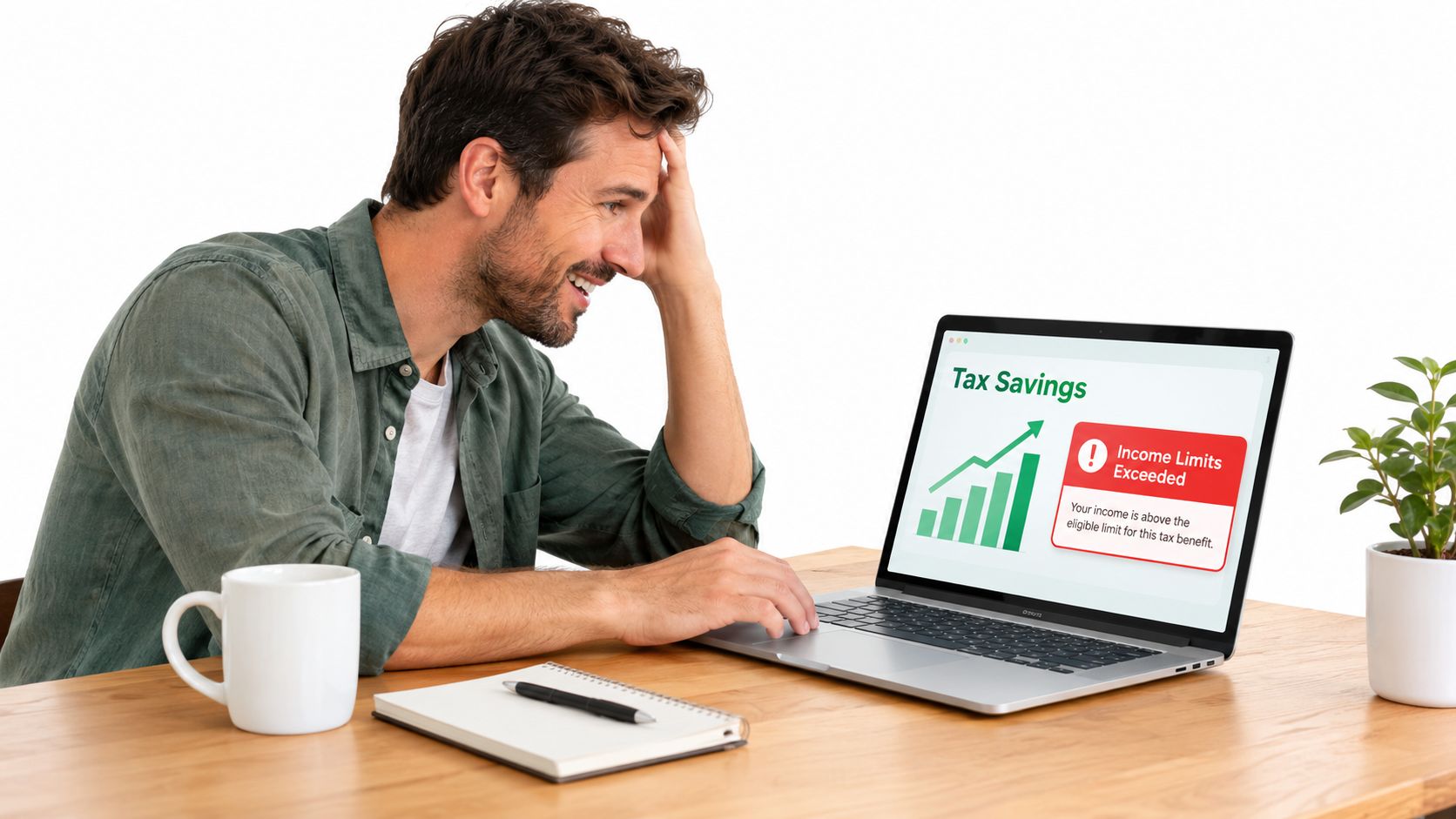 A man smiling at a laptop screen showing an income limits exceeded notification for tax savings.