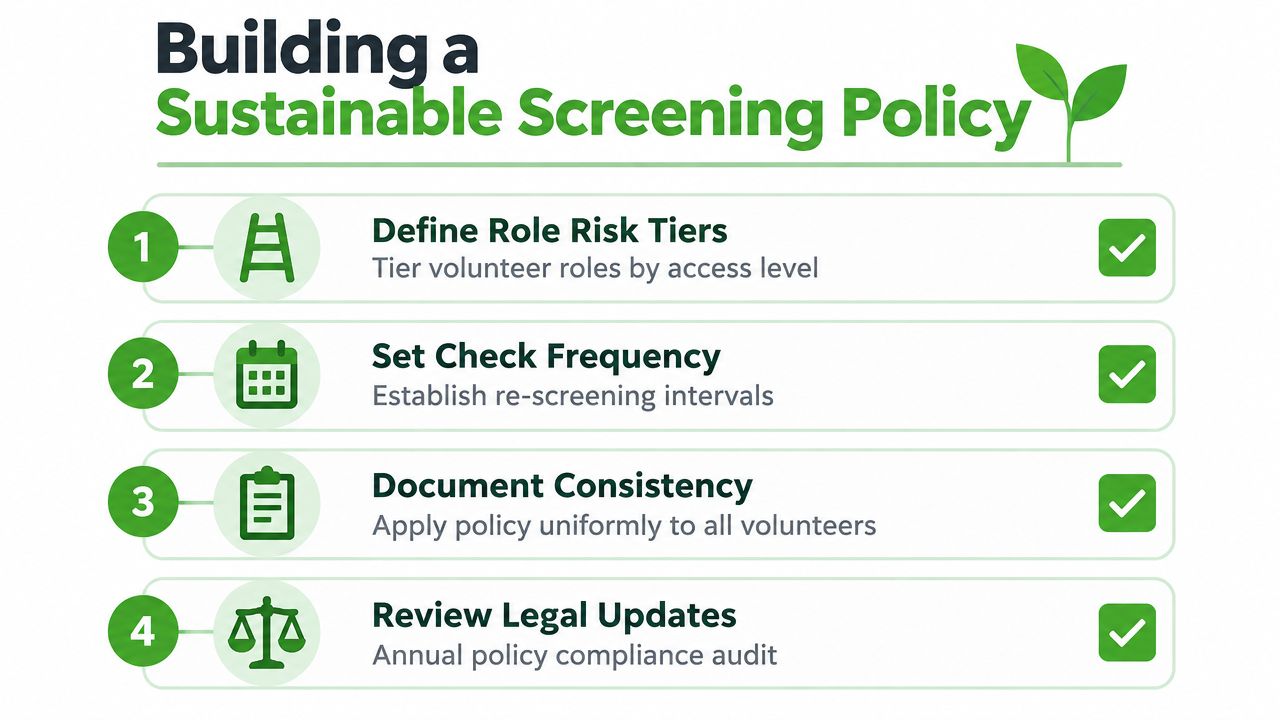 A four-step infographic showing how to build a sustainable volunteer screening policy for organizations.