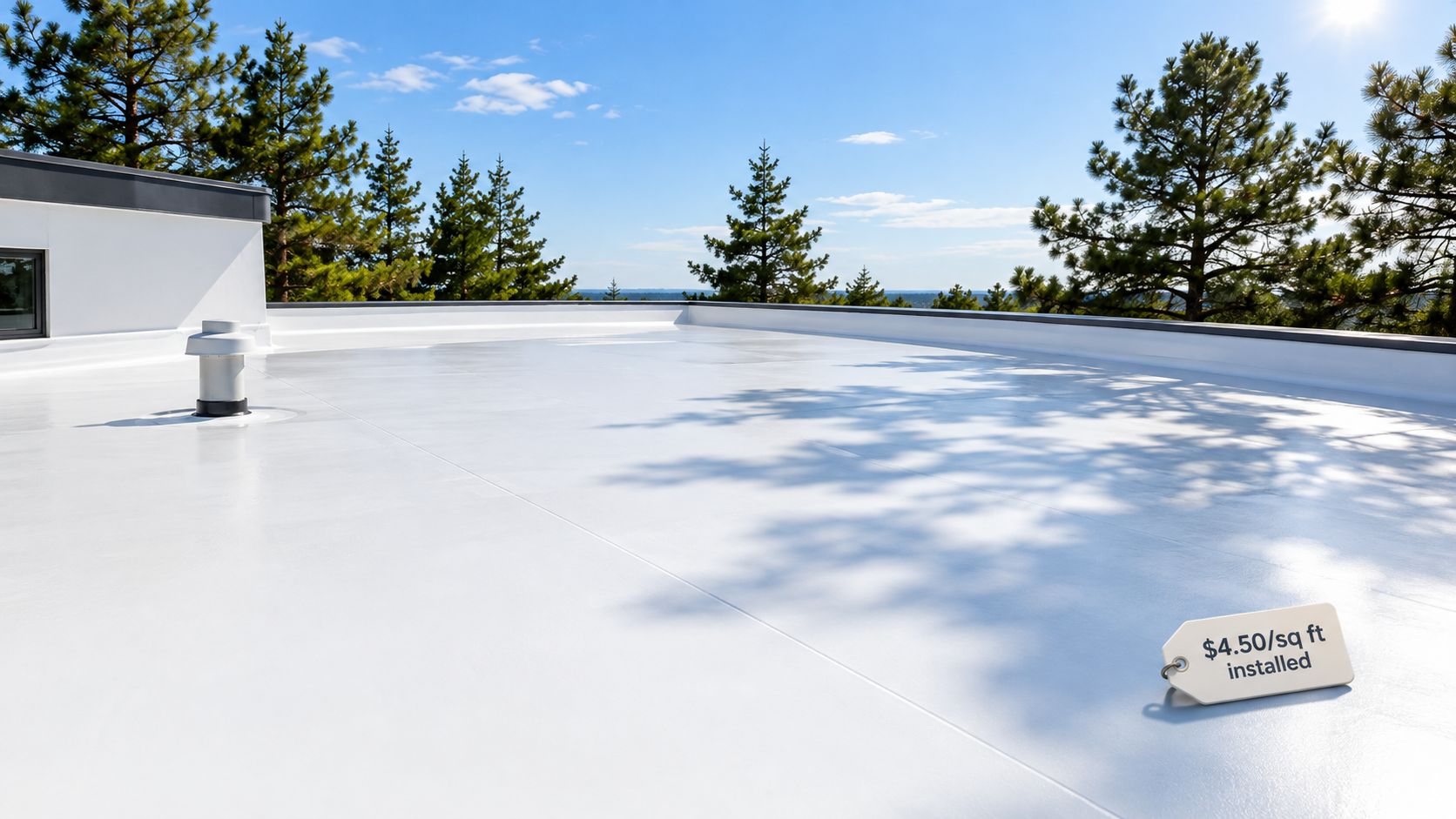 A clean, newly installed white flat rubber roof surface with a price tag showing the installation cost.
