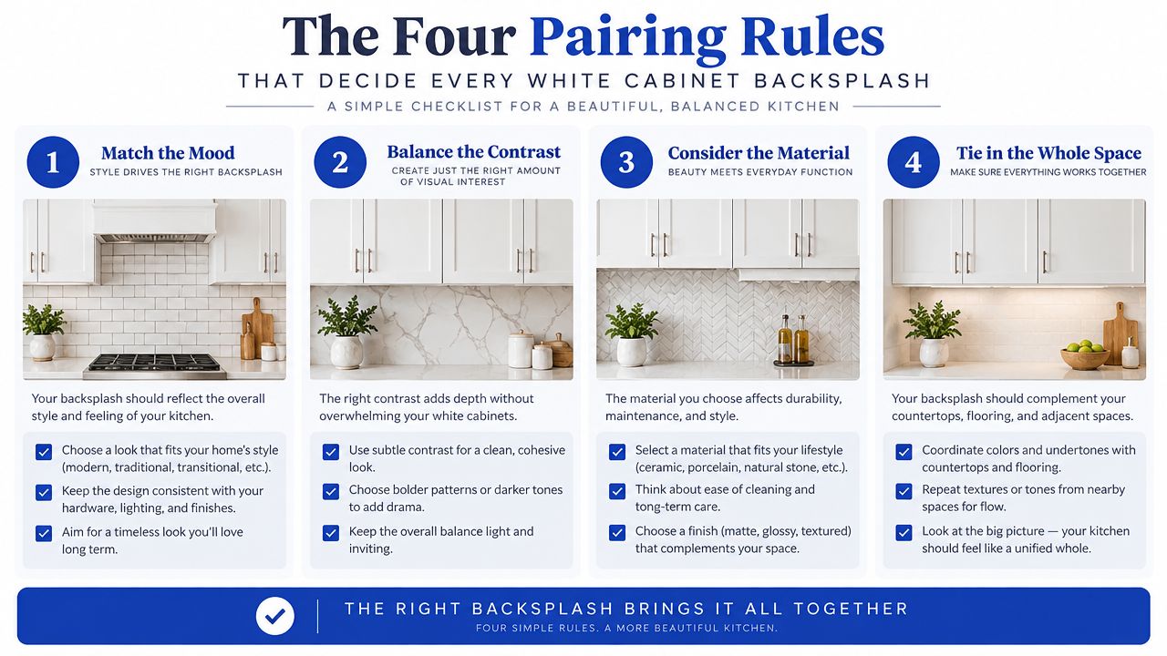A four-step infographic showing how to select the best backsplash to pair with white kitchen cabinets.