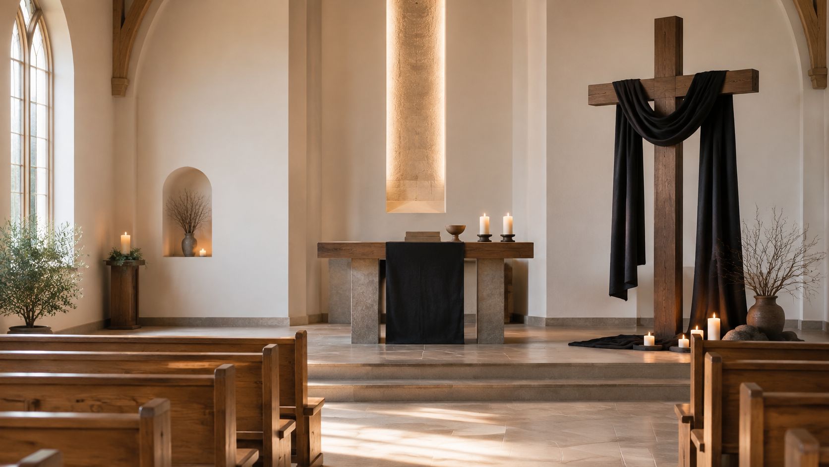 A serene church interior set for a Good Friday service with a wooden cross draped in black fabric.