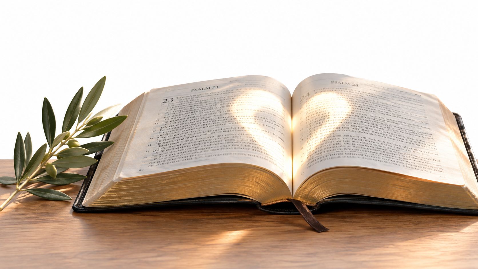 An open Holy Bible displayed on a wooden table beside a green olive branch with soft lighting.