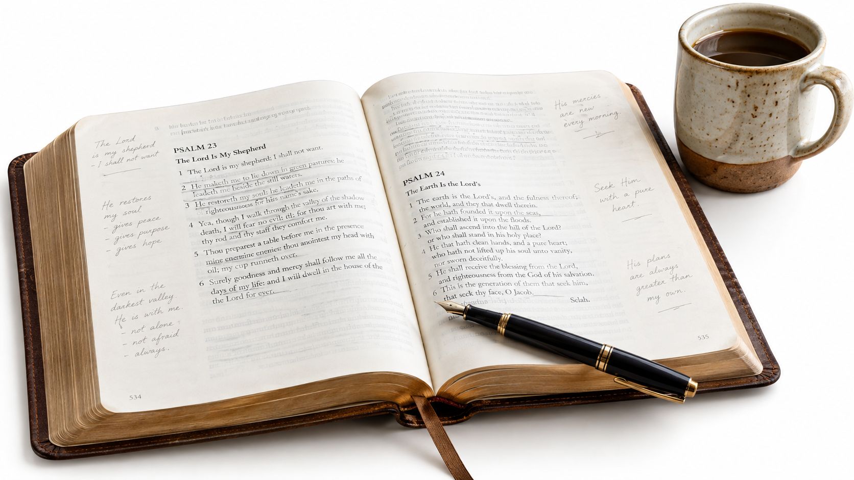 Open Bible with handwritten study notes, a black fountain pen, and a ceramic mug of coffee.
