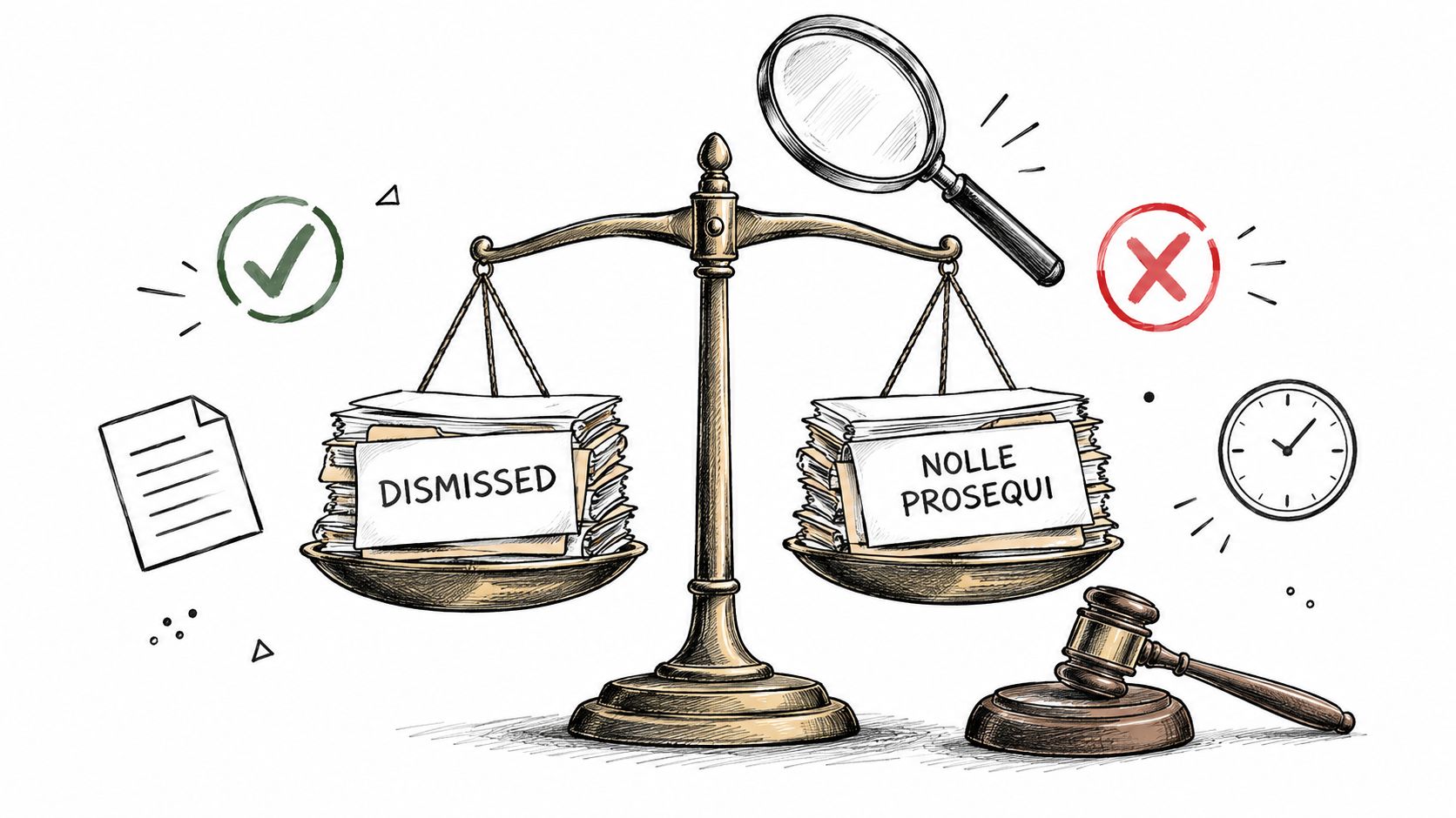 A courtroom scale balancing stacks of legal documents labeled Dismissed and Nolle Prosequi with a gavel.