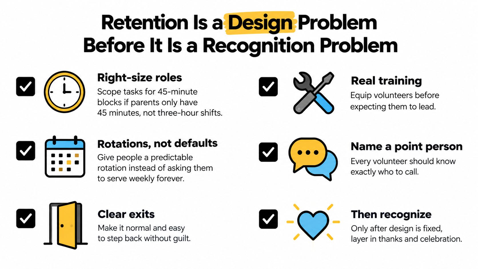 A professional graphic titled Retention Is a Design Problem listing six strategies for improving volunteer engagement.