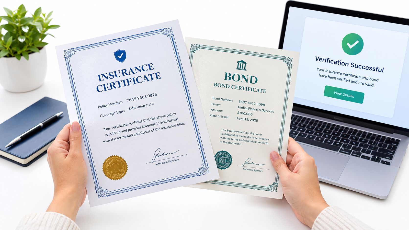 A person holding an insurance certificate and bond certificate while viewing a verification successful message on a laptop.