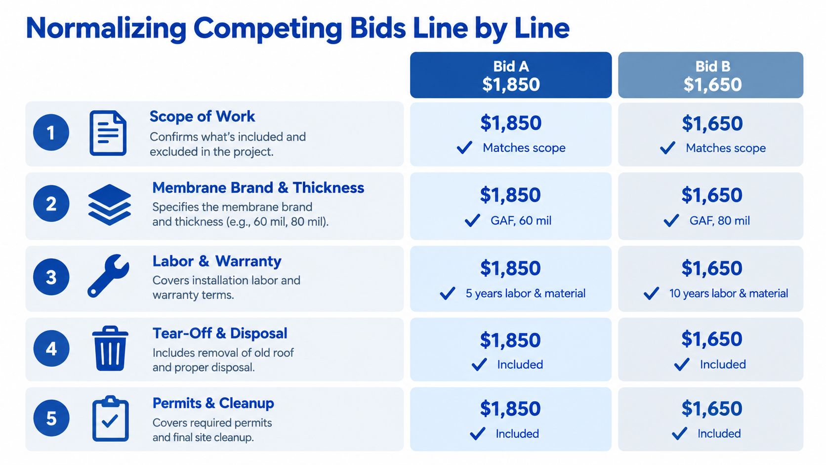 A comparison chart showing how to normalize competing roof repair bids by evaluating line items.