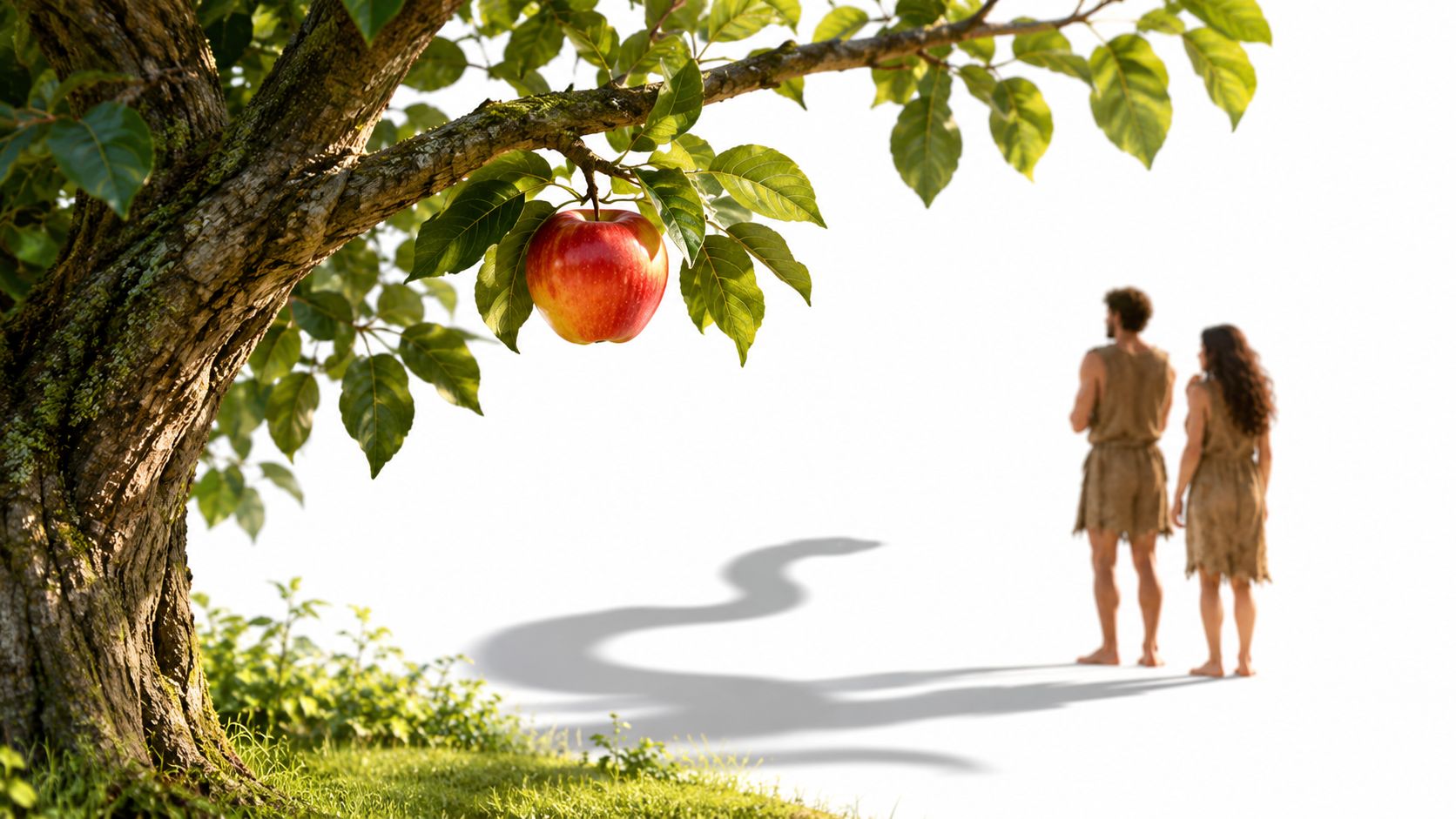 An artistic depiction of Adam and Eve considering forbidden fruit, with a snake's shadow nearby.