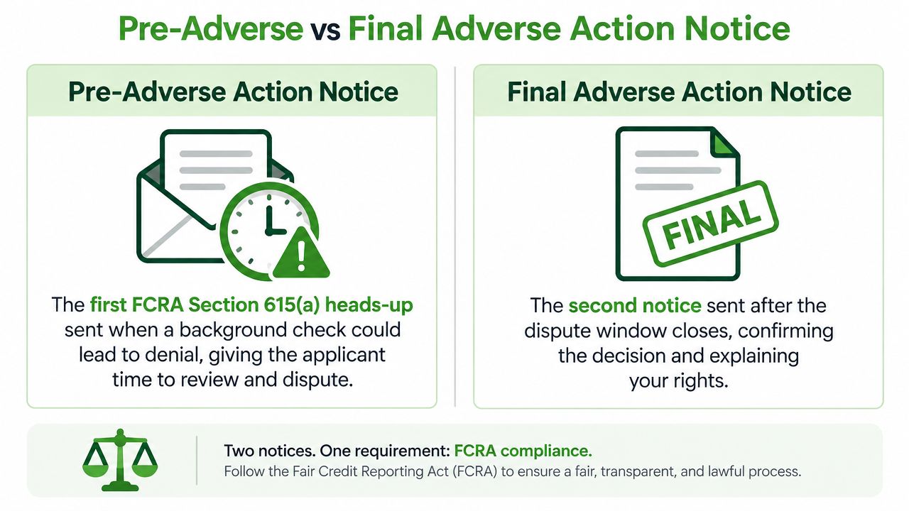 A diagram comparing pre-adverse and final adverse action notices required for FCRA compliance during background checks.