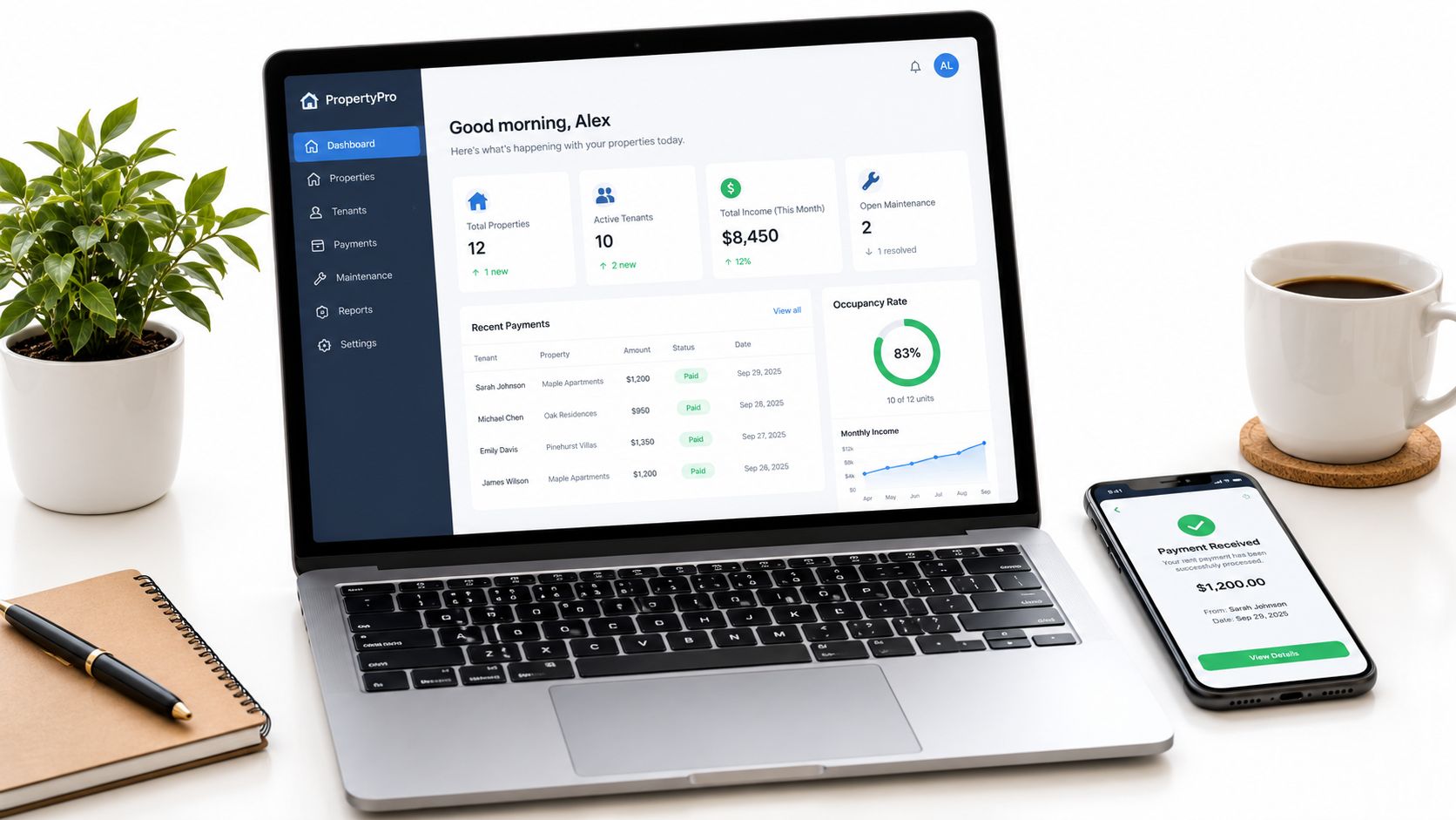 A laptop and smartphone displaying a property management dashboard with financial data, rent payments, and analytics.