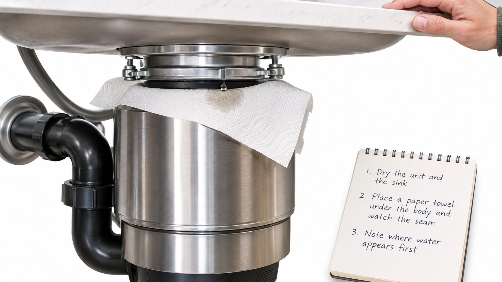 A close-up of a leaking garbage disposal unit under a kitchen sink with a paper towel nearby.