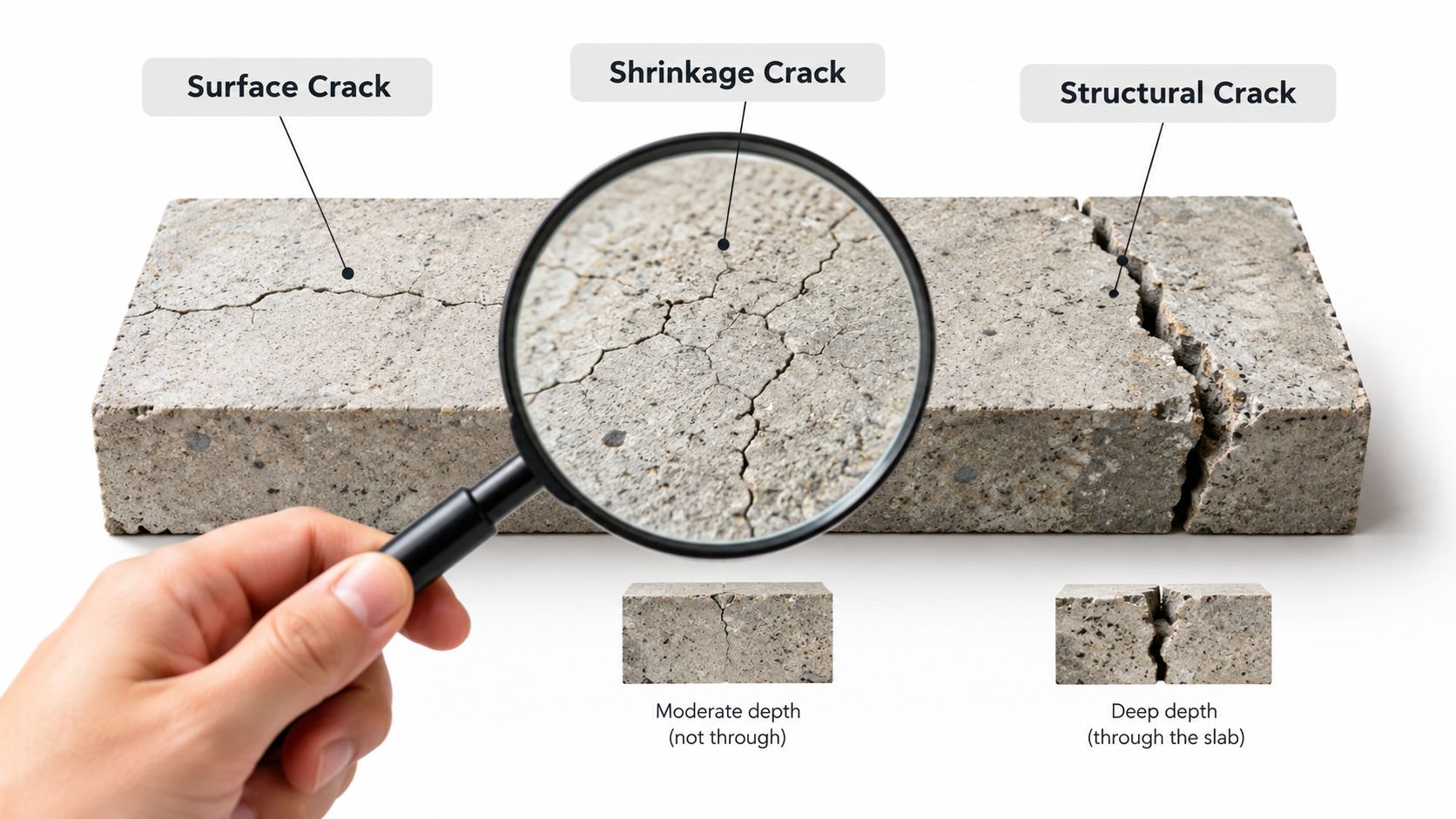 A magnifying glass inspecting three distinct types of concrete cracks labeled as surface, shrinkage, and structural.