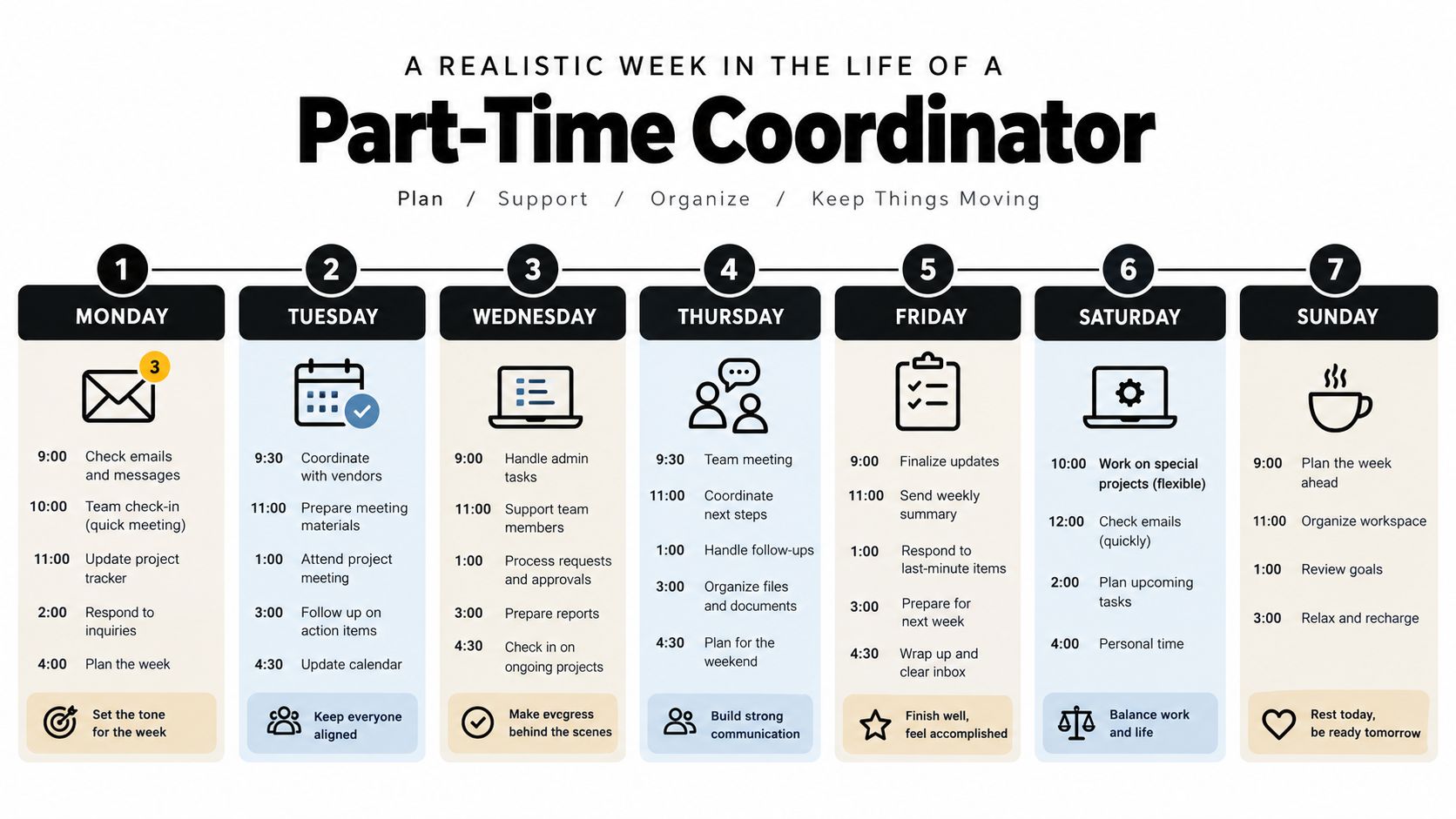 A schedule infographic illustrating daily tasks for a part-time coordinator from Monday through Sunday.