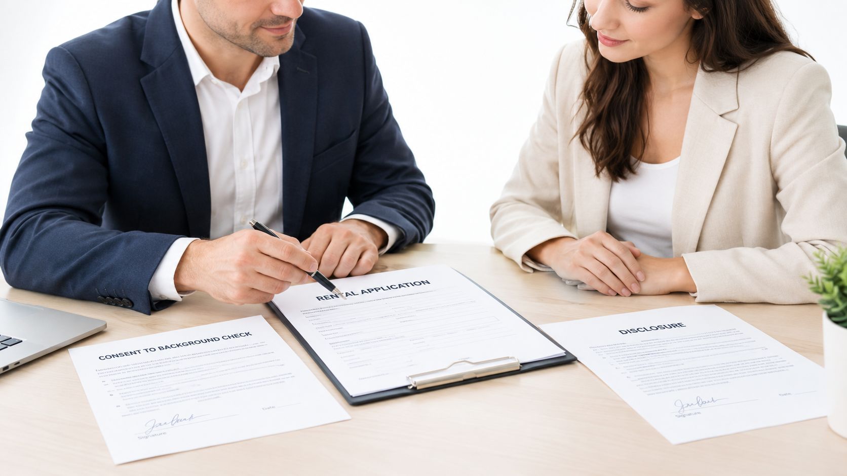 A professional man and woman sitting at a desk while reviewing rental application and background check documents.
