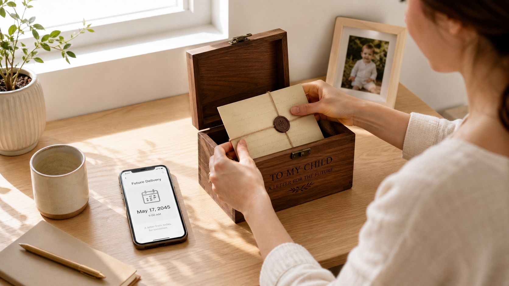 A woman placing a sealed letter into a wooden keepsake box next to a smartphone showing a future date.