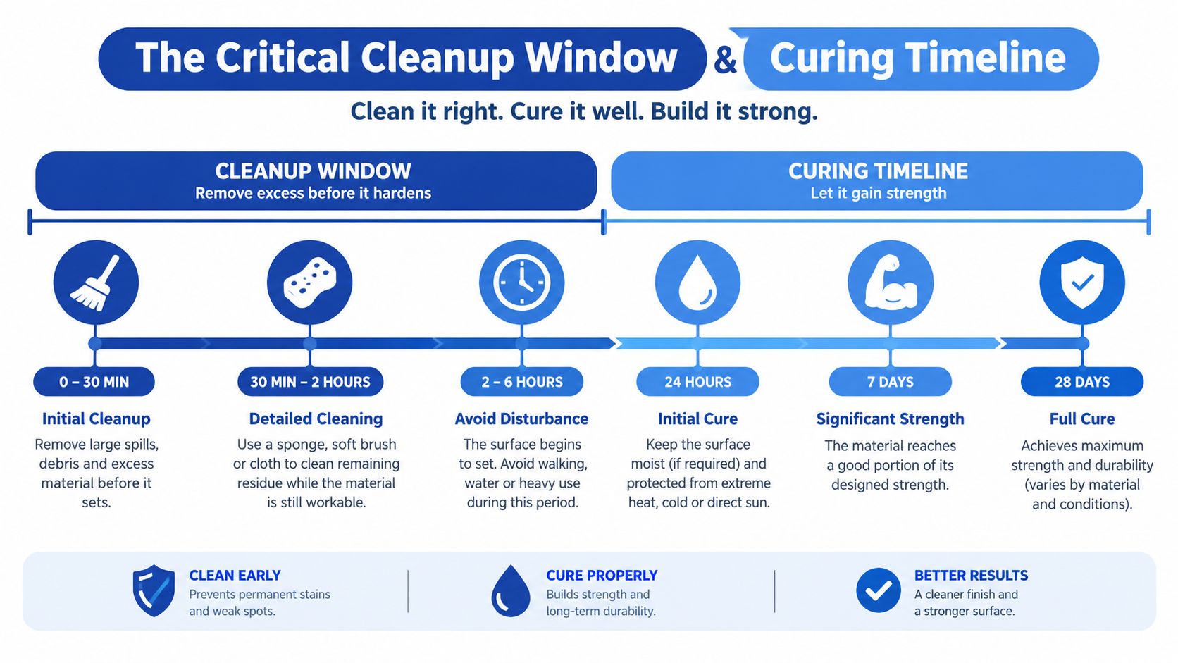 A timeline graphic illustrating the critical cleanup and curing stages for proper epoxy grout installation.