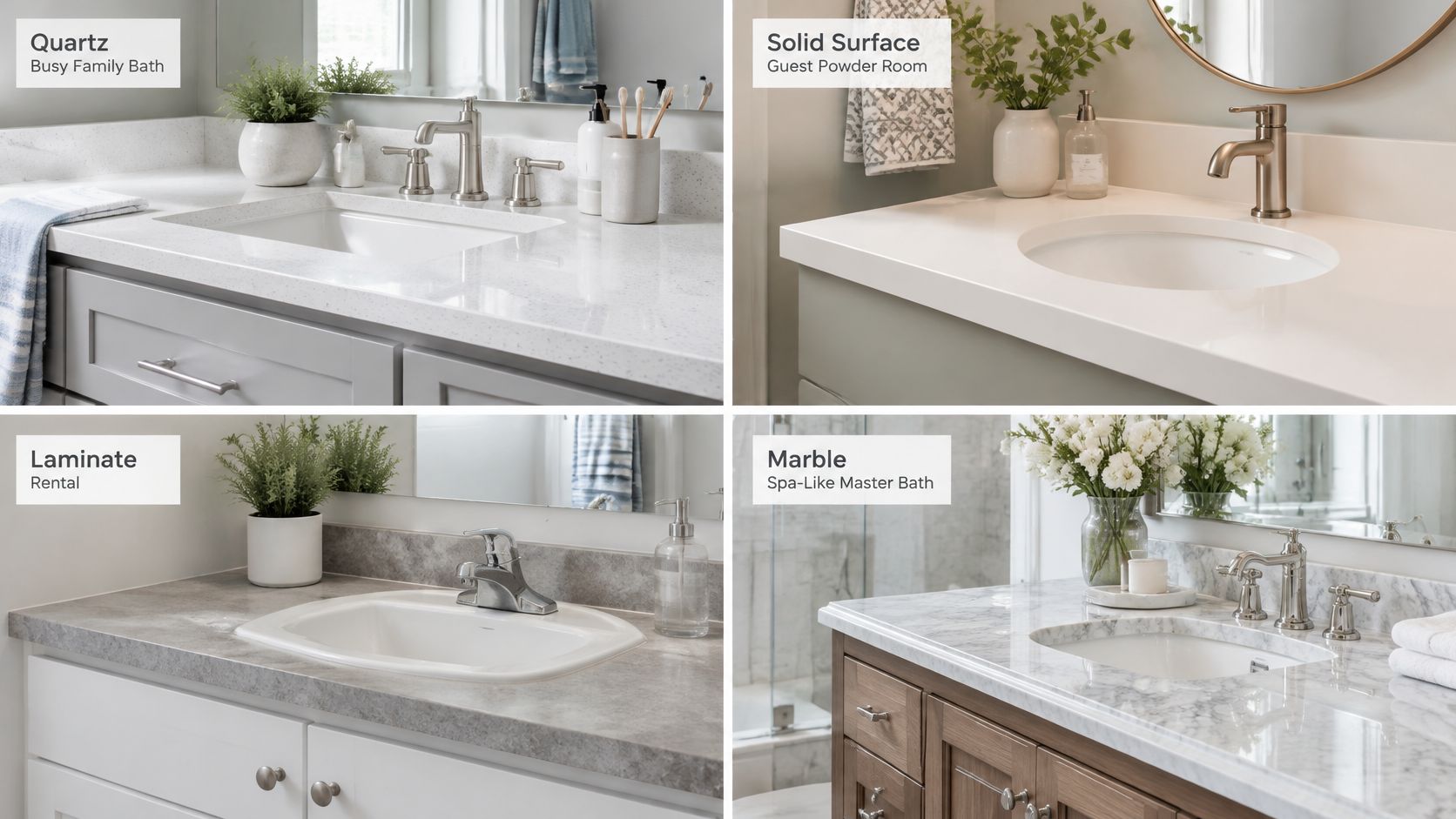 A collage showing four different bathroom countertop materials including quartz, solid surface, laminate, and marble vanity styles.