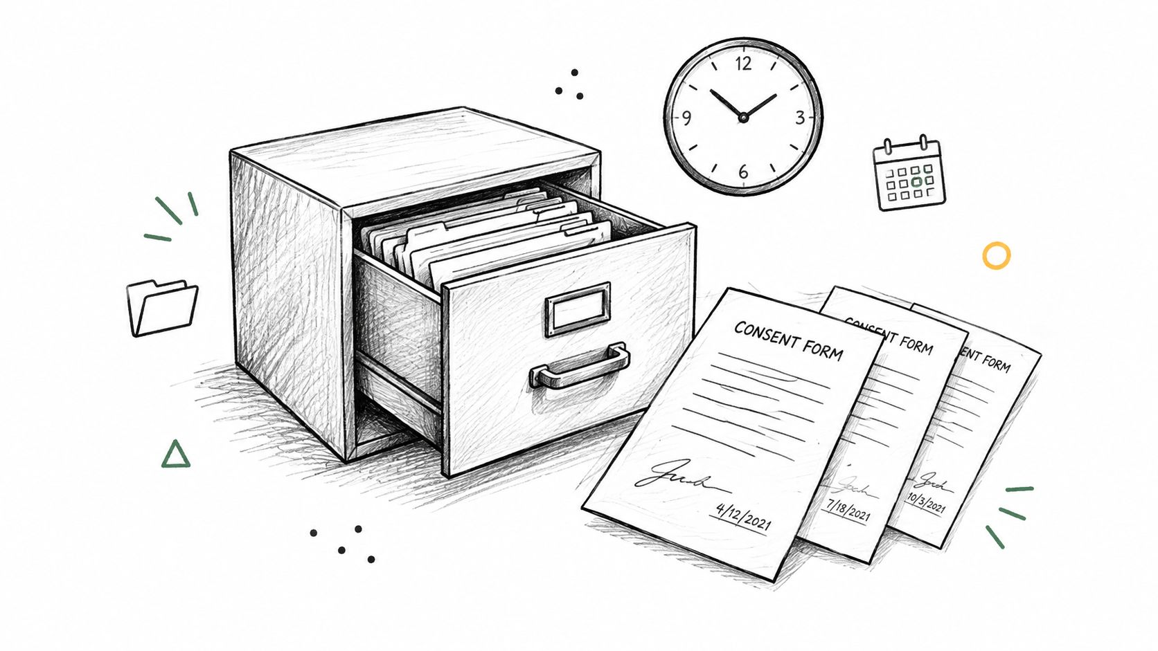 A line drawing showing a file cabinet, consent forms with dates, a clock, and a calendar.
