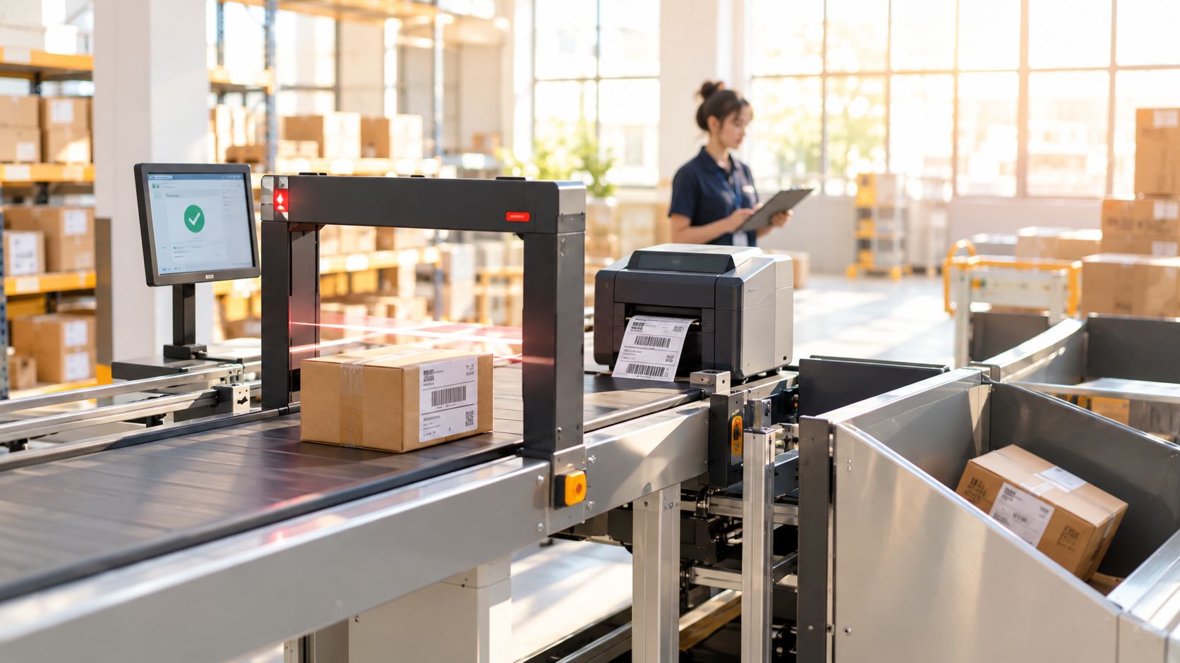 Automated warehouse conveyor belt system scanning packages with a laser scanner and printer in a logistics facility.