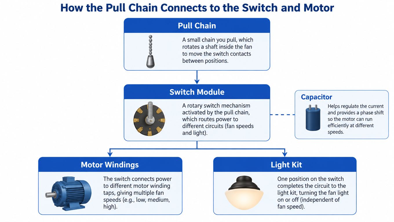A diagram illustrating how a ceiling fan pull chain activates a switch module, capacitor, motor windings, and light kit.