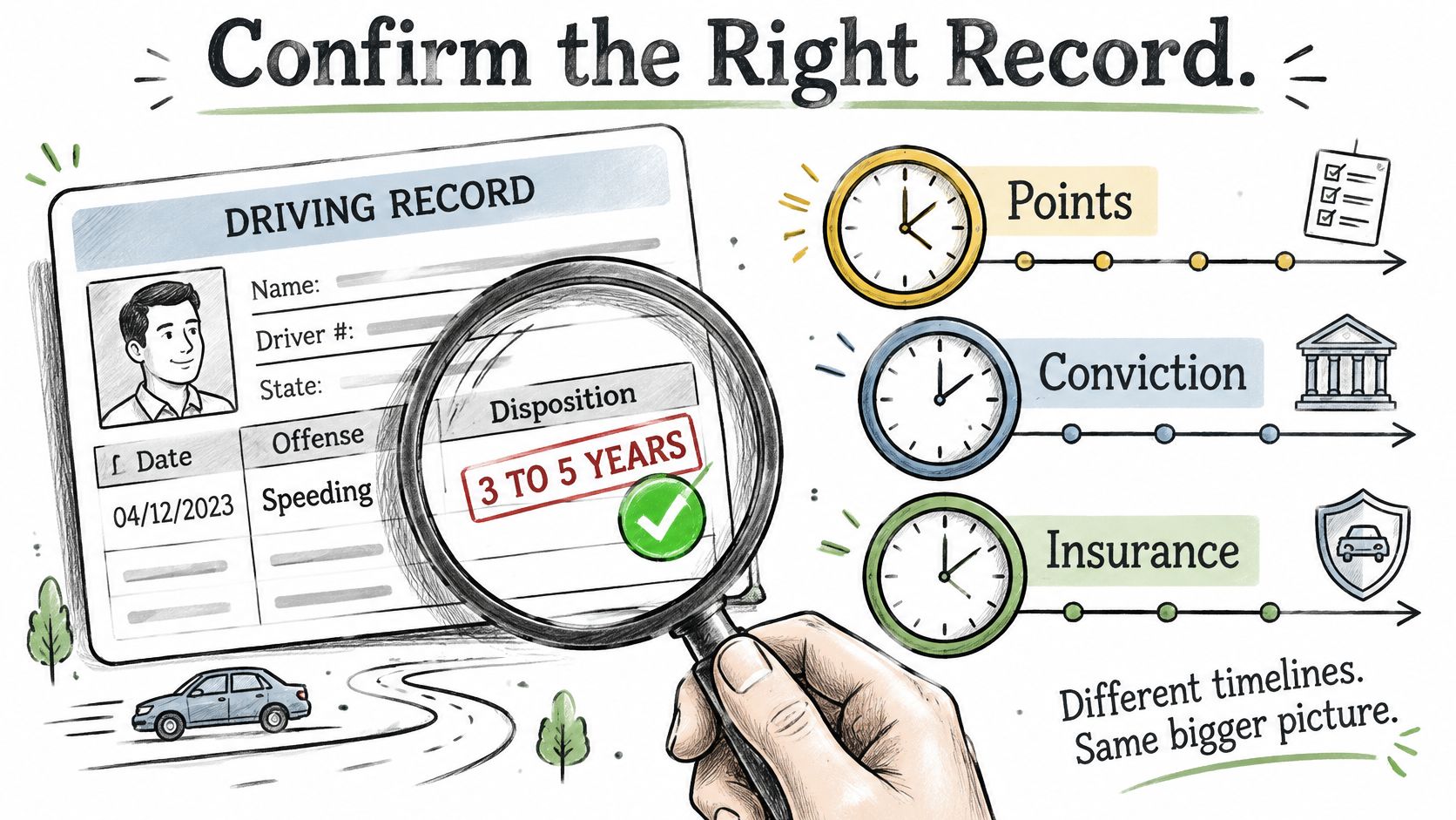A magnifying glass examining a driving record with timelines for points, convictions, and insurance impacts.