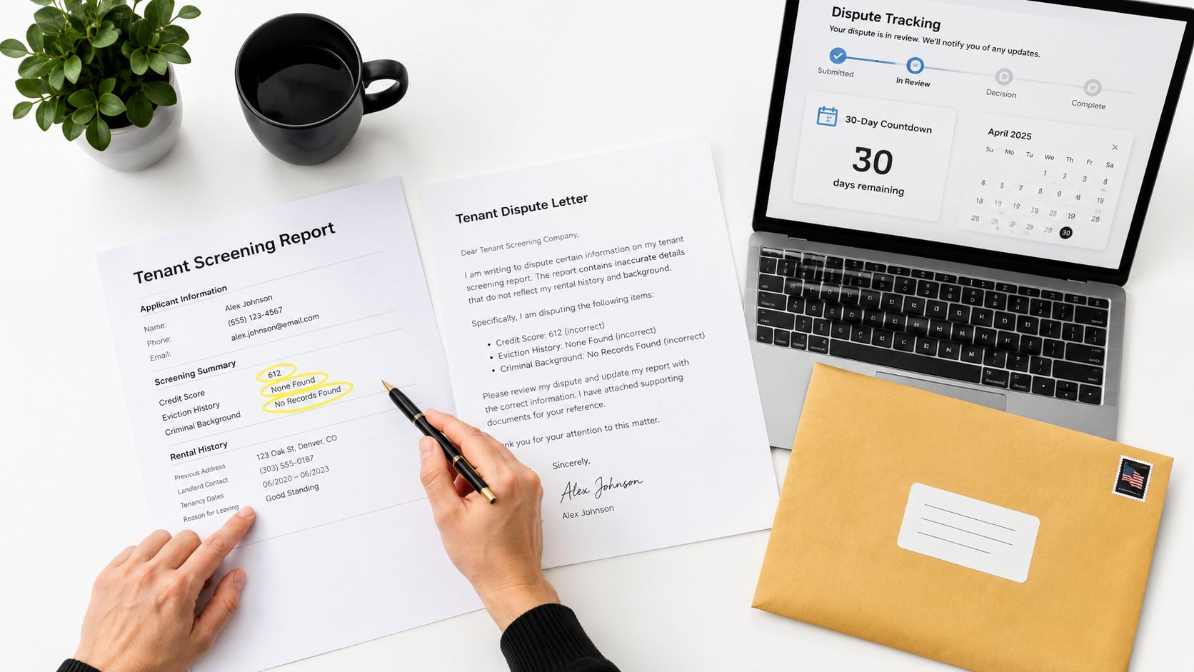 A person reviewing a tenant screening report and writing a dispute letter on a white desk.