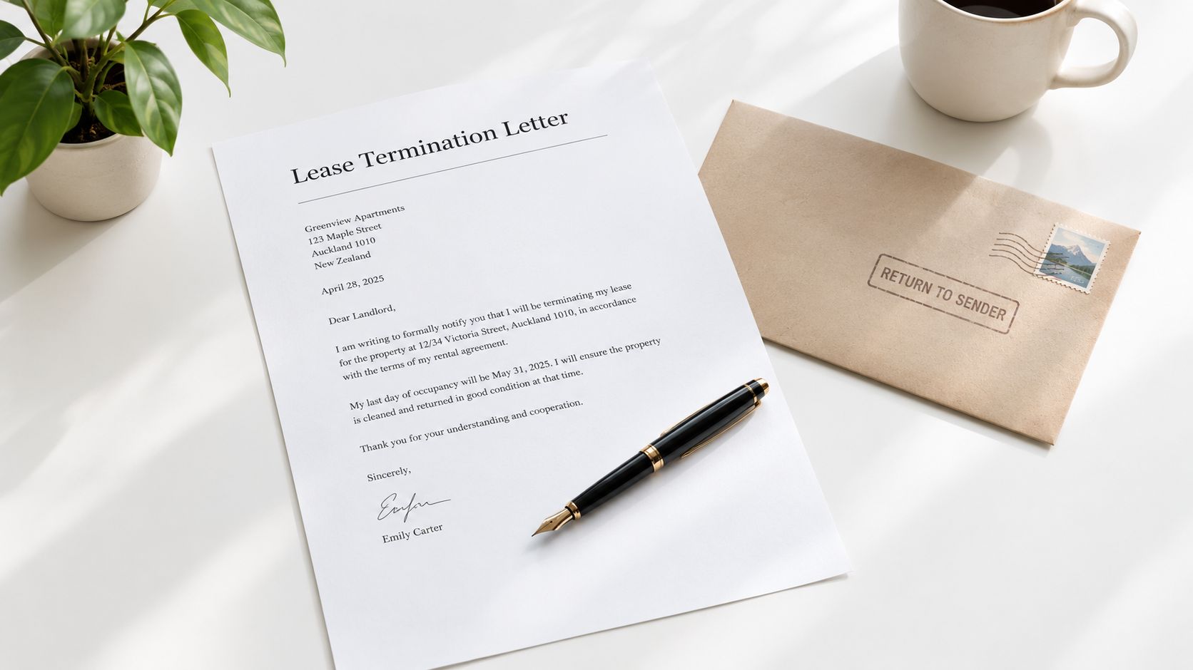 A lease termination letter with a pen on a desk next to an envelope and a plant.