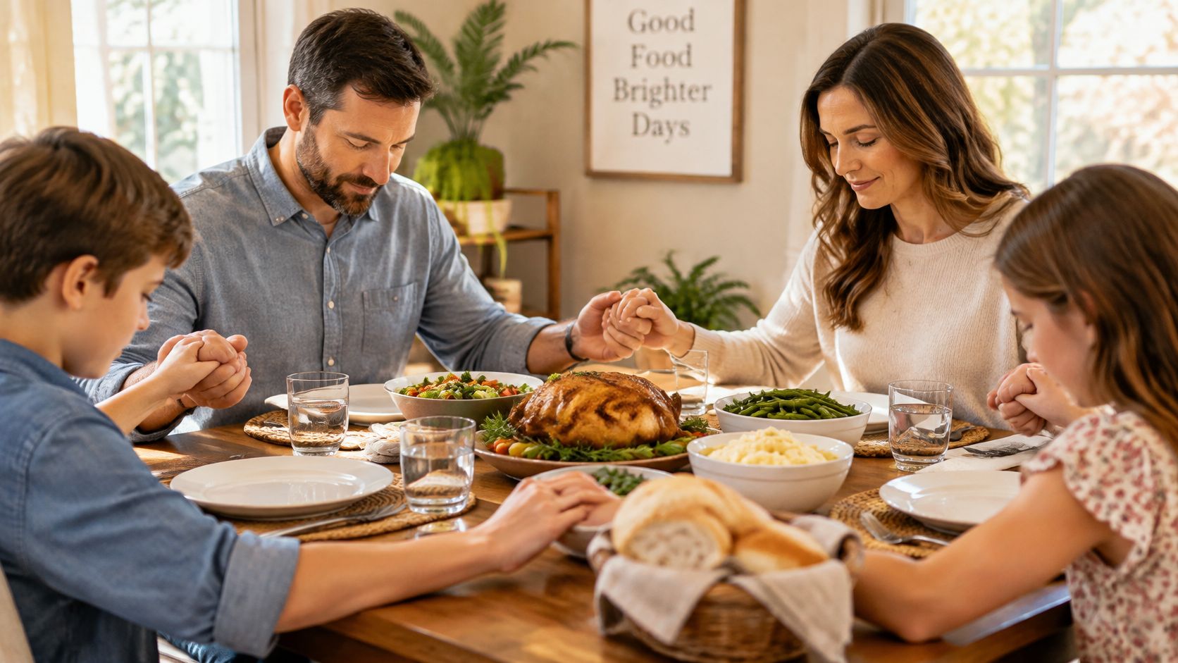 A family holding hands and bowing their heads in prayer together before a thanksgiving meal.