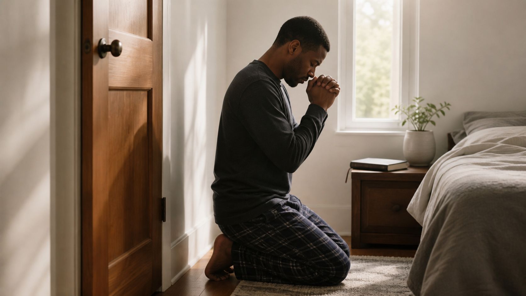 A man kneeling in prayer with clasped hands in a peaceful, sunlit bedroom setting.