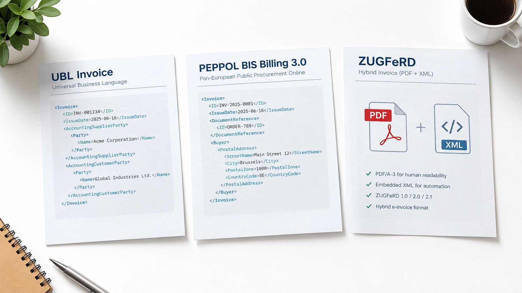 A professional desk top showing three documents explaining UBL Invoice, PEPPOL BIS Billing, and ZUGFeRD e-invoice formats.