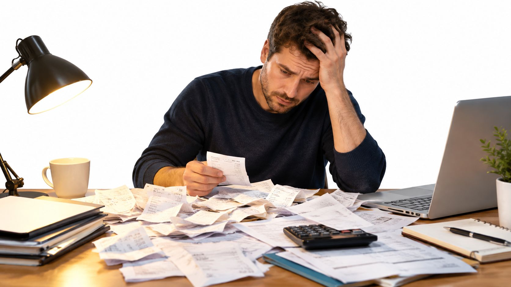 A stressed man sitting at a desk overflowing with receipts while reviewing financial documents for taxes.