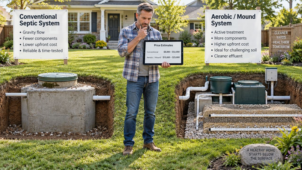 A man holds a tablet comparing cost estimates for conventional septic systems versus aerobic mound septic systems.