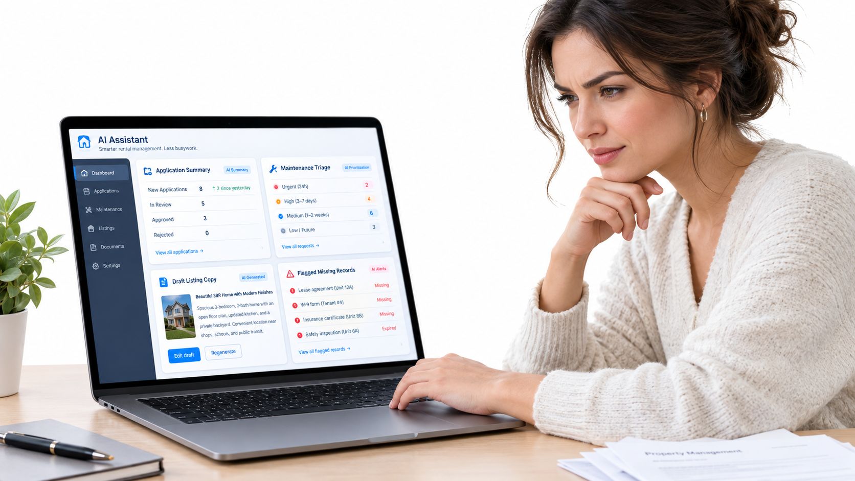 A woman reviewing a property management software dashboard on her laptop while sitting at a desk.