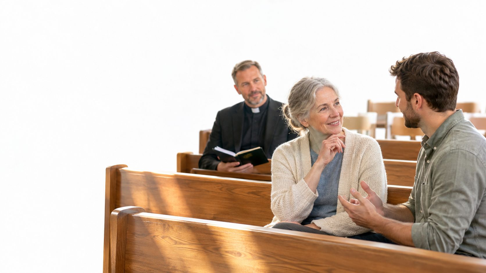 A young man and an elderly woman are talking in a church pew while a priest observes.
