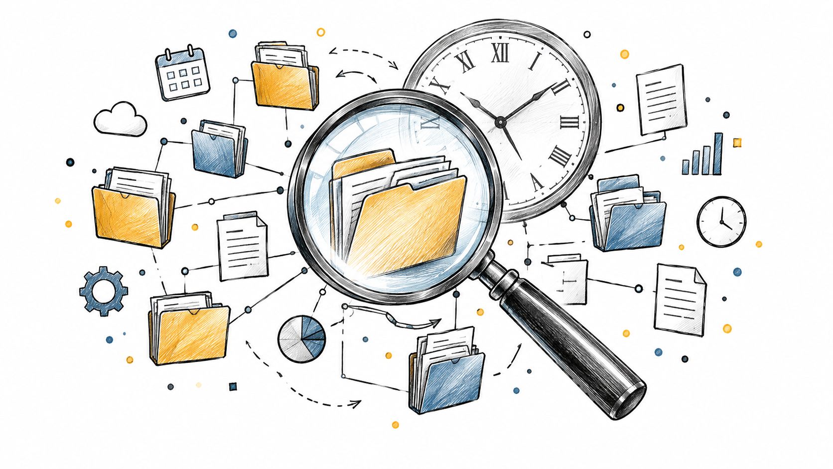 A magnifying glass inspecting file folders and documents connected by lines with a clock in the background.