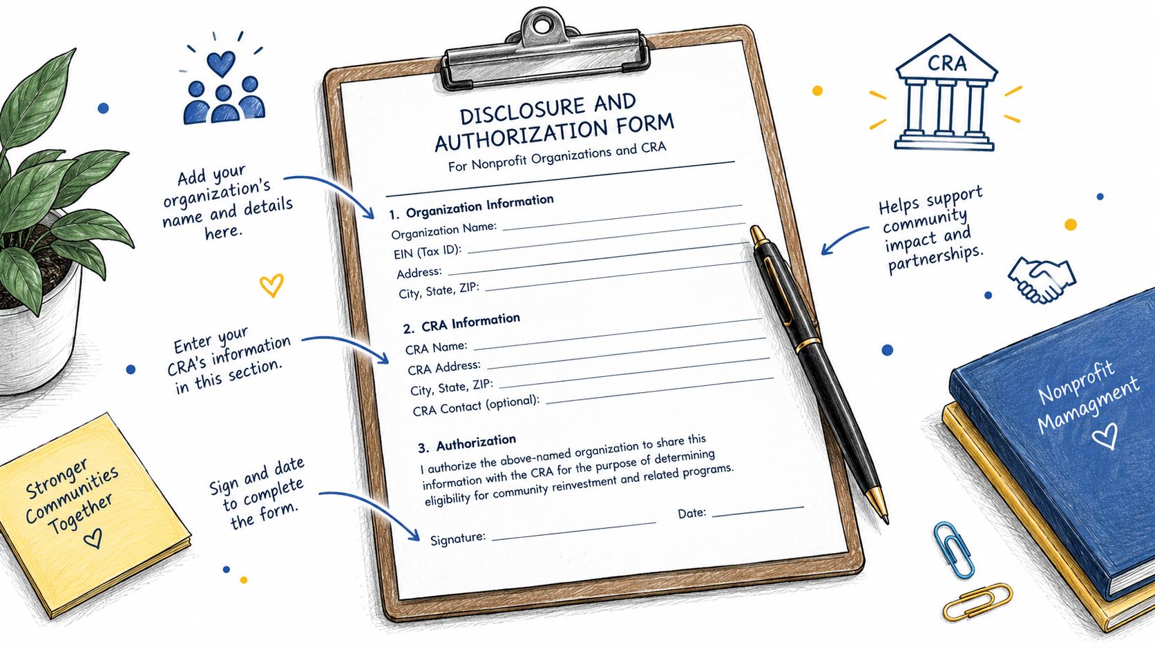 A blank disclosure and authorization form for nonprofit organizations and CRA on a wooden clipboard.