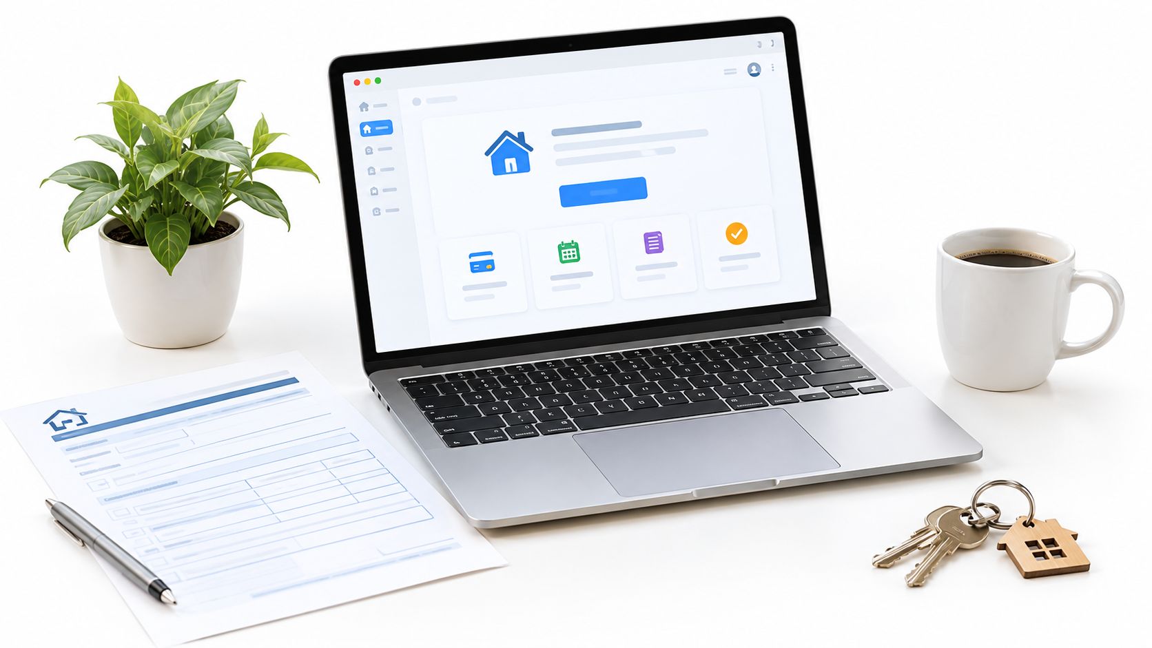 A modern laptop, a house-shaped keychain, and lease documents on a desk with a coffee mug.