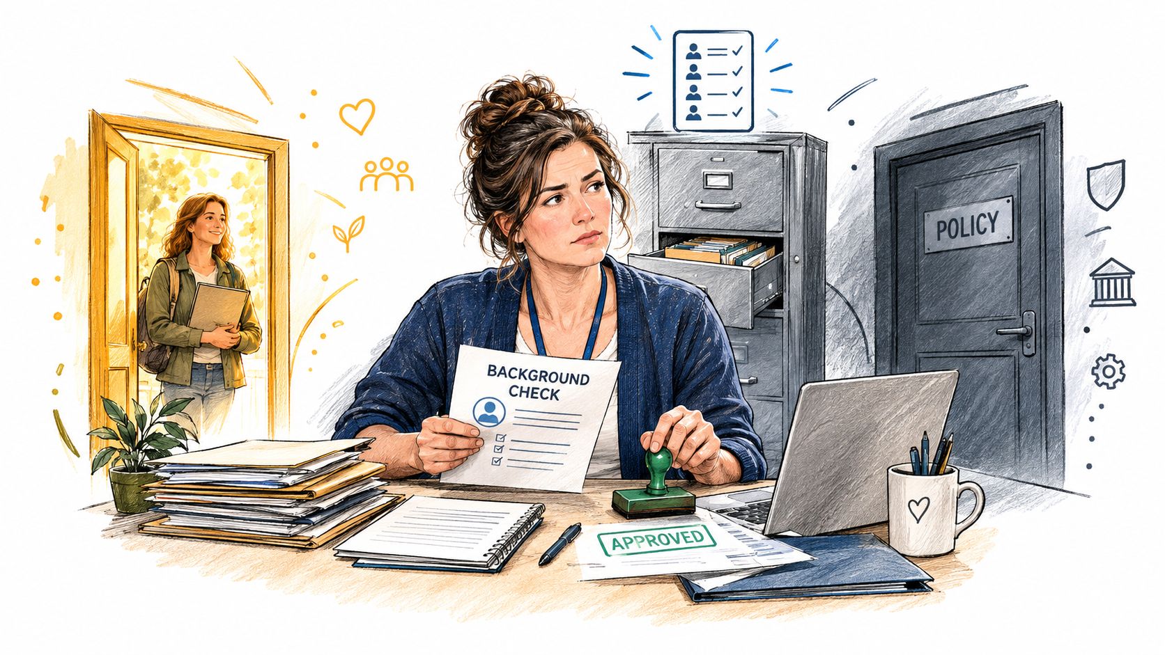 A professional woman reviews a background check document while sitting at a cluttered office desk.