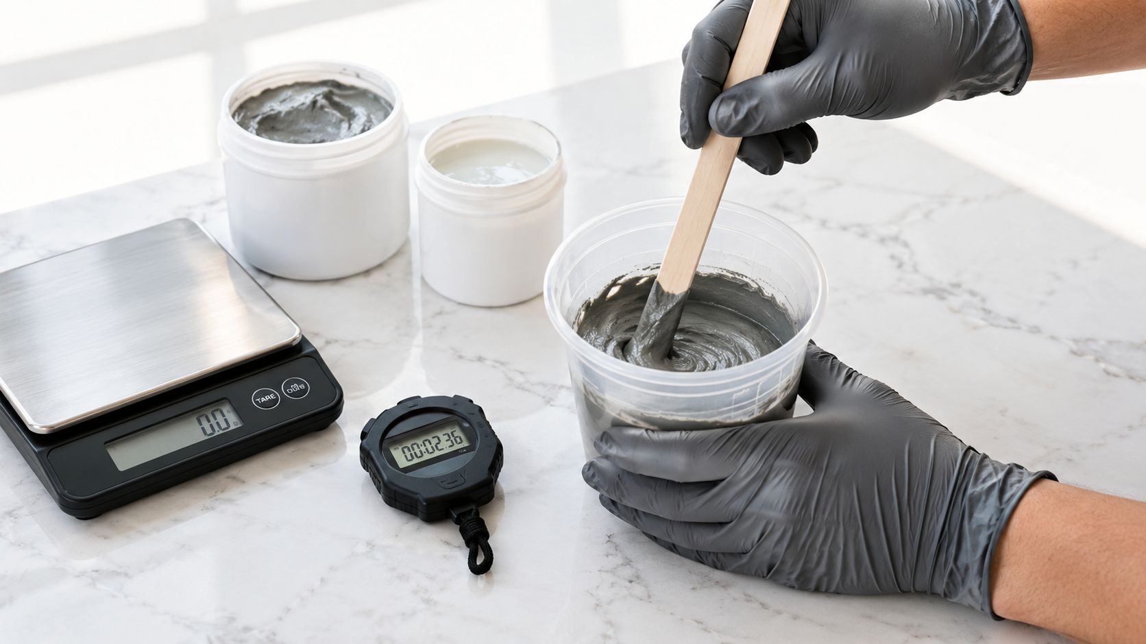 A person in black gloves mixes thick grey grout in a container near a scale and timer.